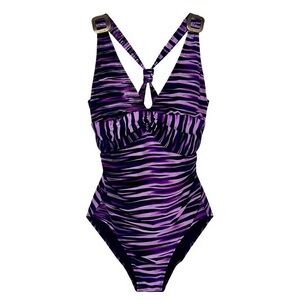 Catalina One Piece Swimsuit  L (12-14) Purple Stripe X Back Plunge Removable Cup